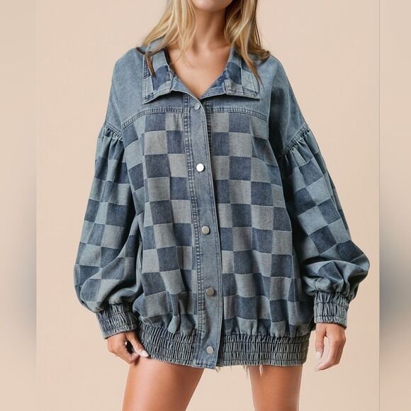 🎁25% Off Bundles🎁 Oversized Checkered Coat Denim Jacket Faded Blue - Picture 1 of 4